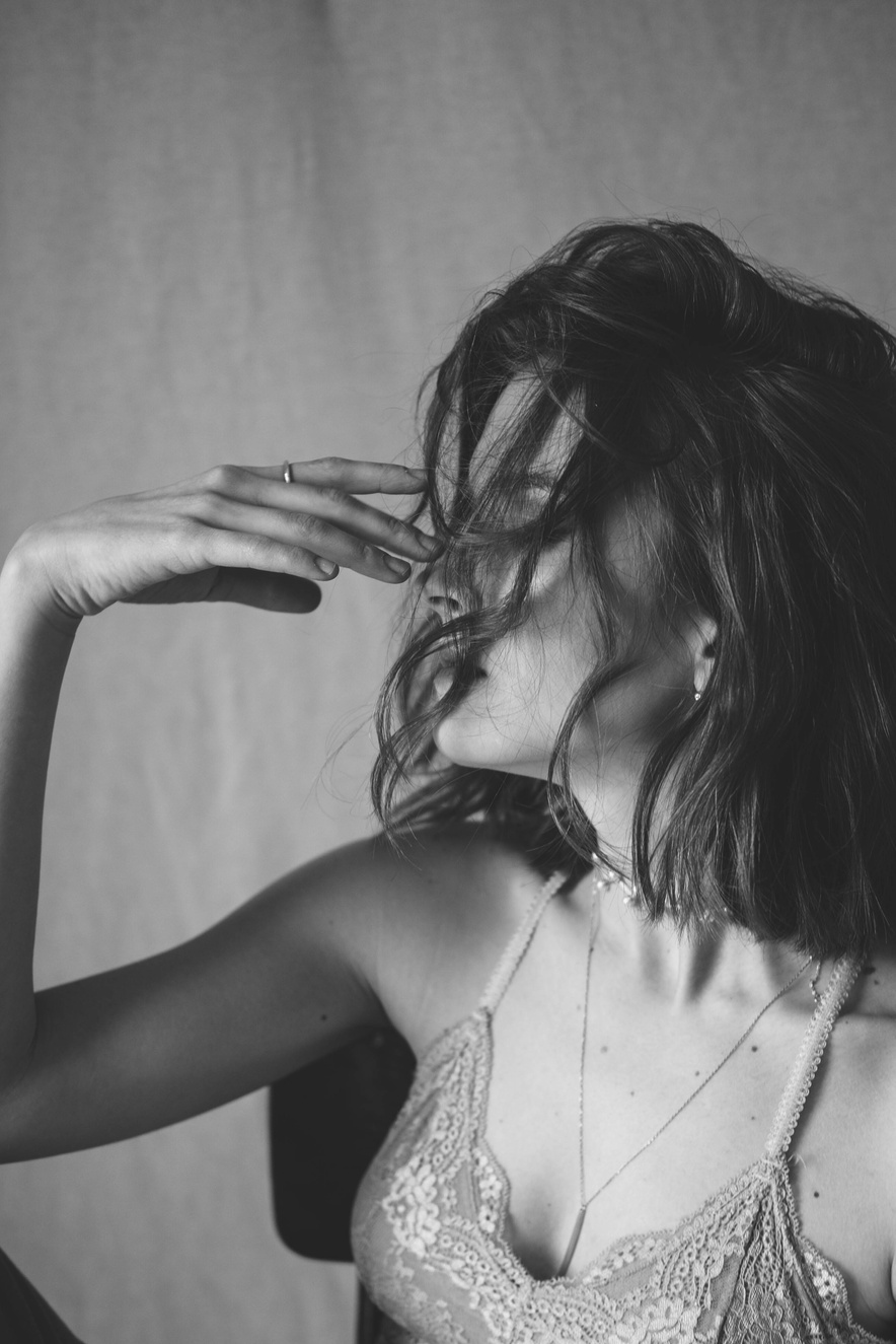 Tousled Hair Girl Aesthetic Trendy Black White Photo